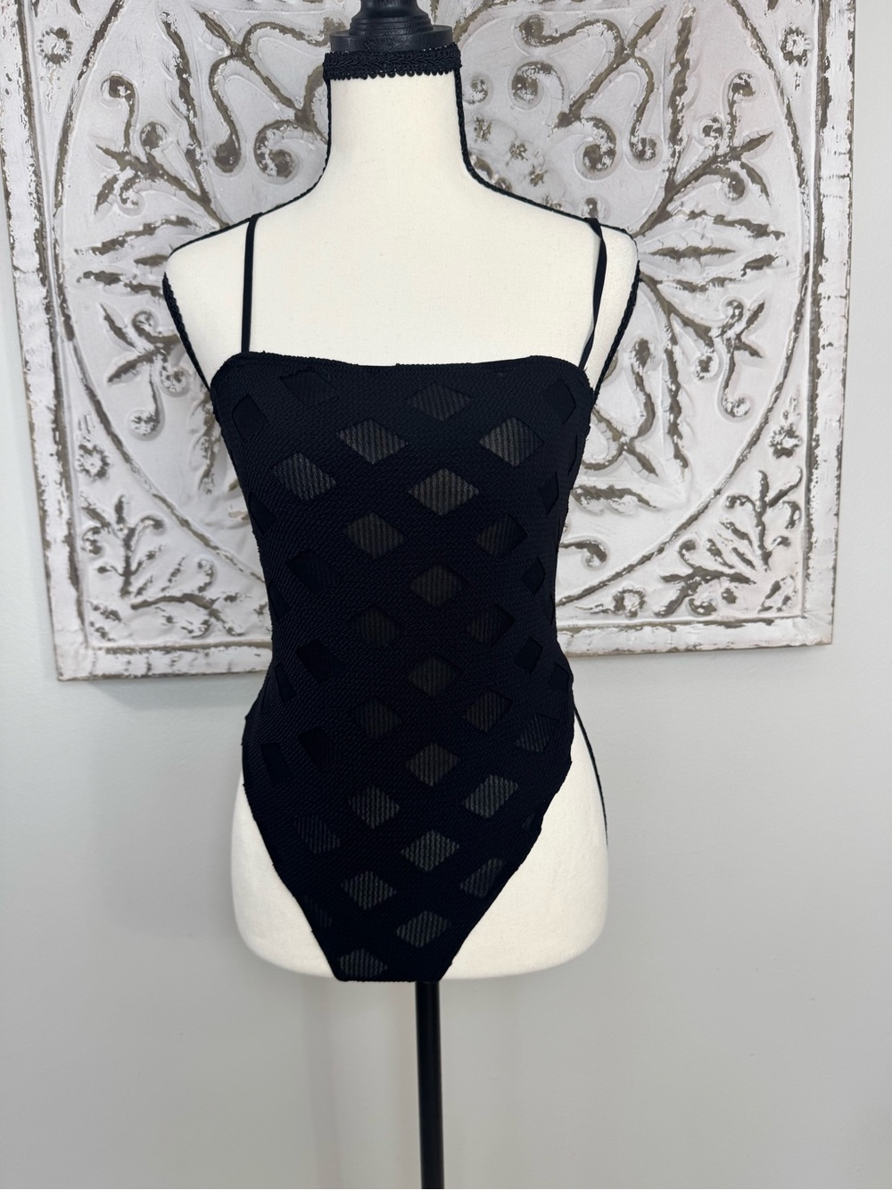 Fashion Nova L Black Lattice Mesh Bodysuit Sheer Cutout Spaghetti Strap Y2K